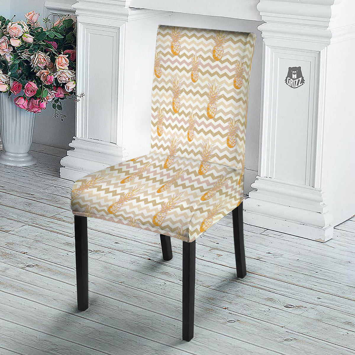 Pineapple Beige Zig Zag Print Pattern Dining Chair Slipcover-grizzshop