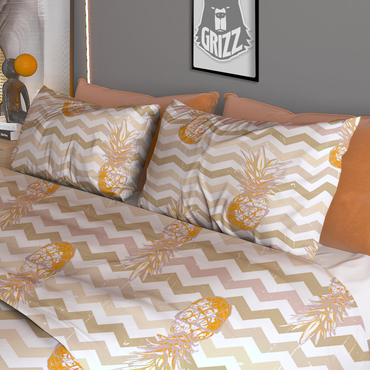 Pineapple Beige Zig Zag Print Pattern Duvet Cover Bedding Set