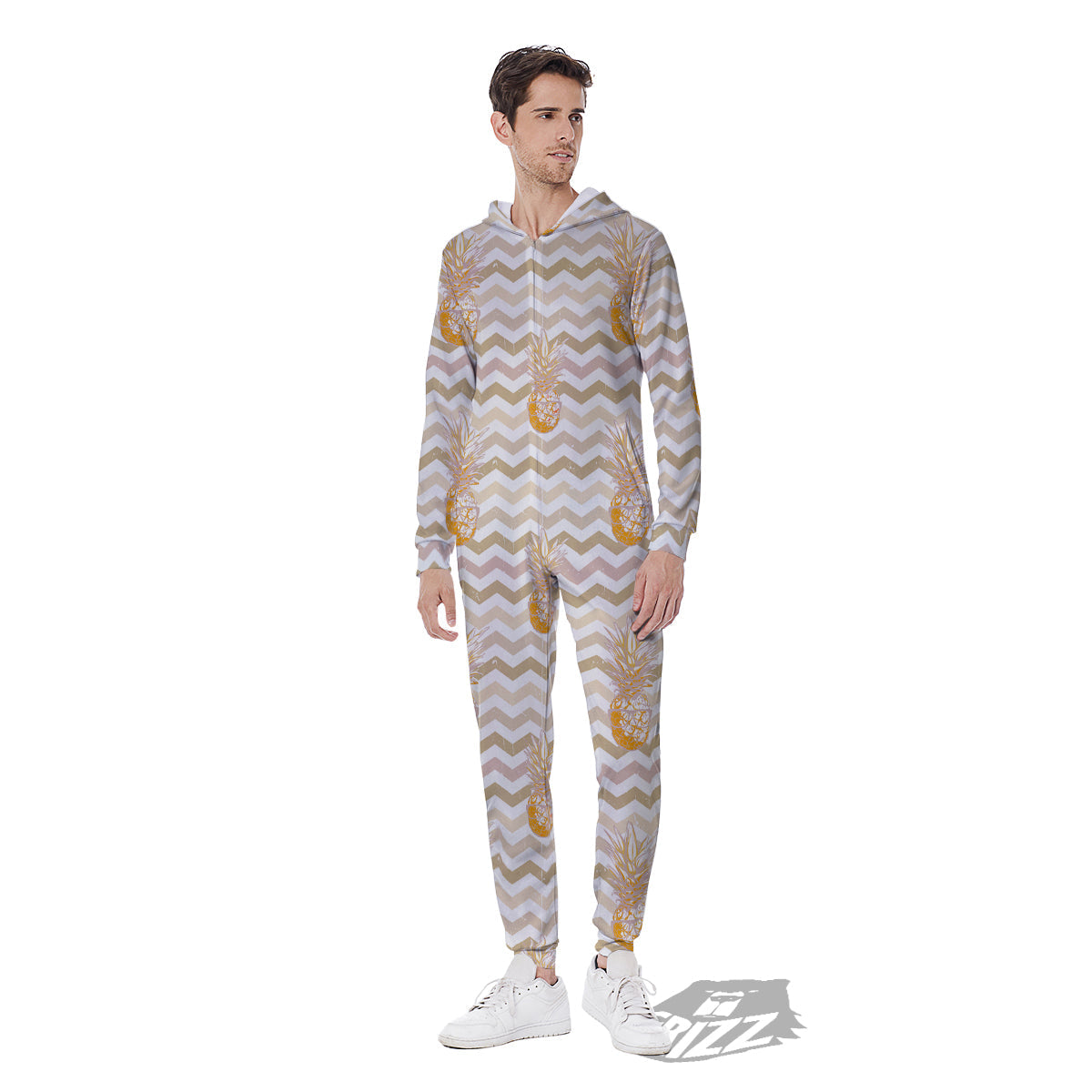 Pineapple Beige Zig Zag Print Pattern Men's Jumpsuit-grizzshop