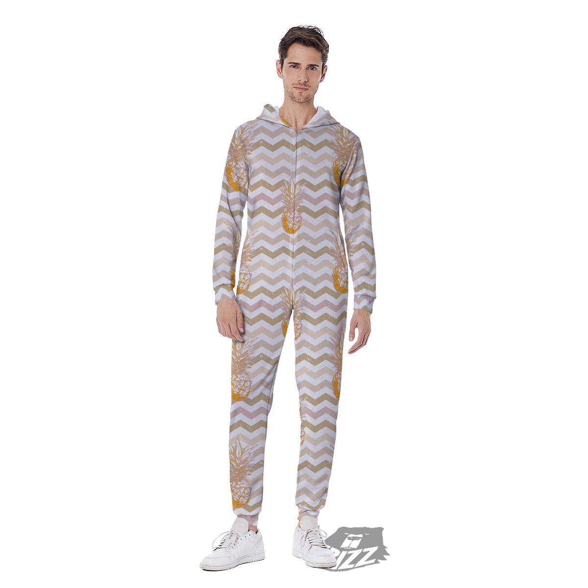 Pineapple Beige Zig Zag Print Pattern Men's Jumpsuit-grizzshop