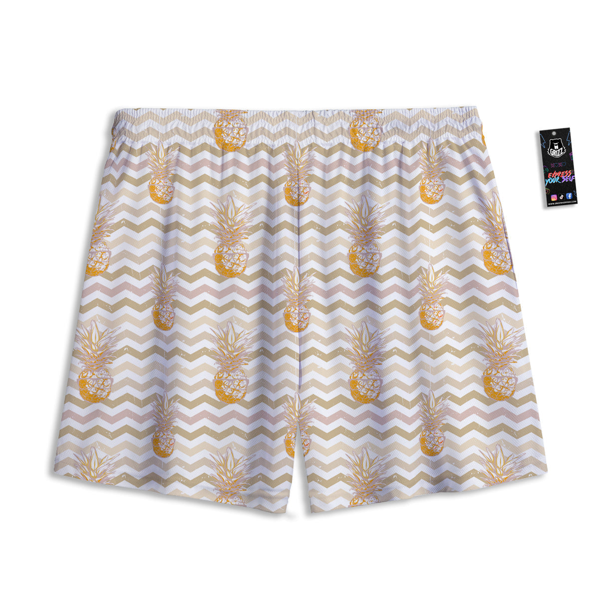 Pineapple Beige Zig Zag Print Pattern Mesh Shorts-grizzshop