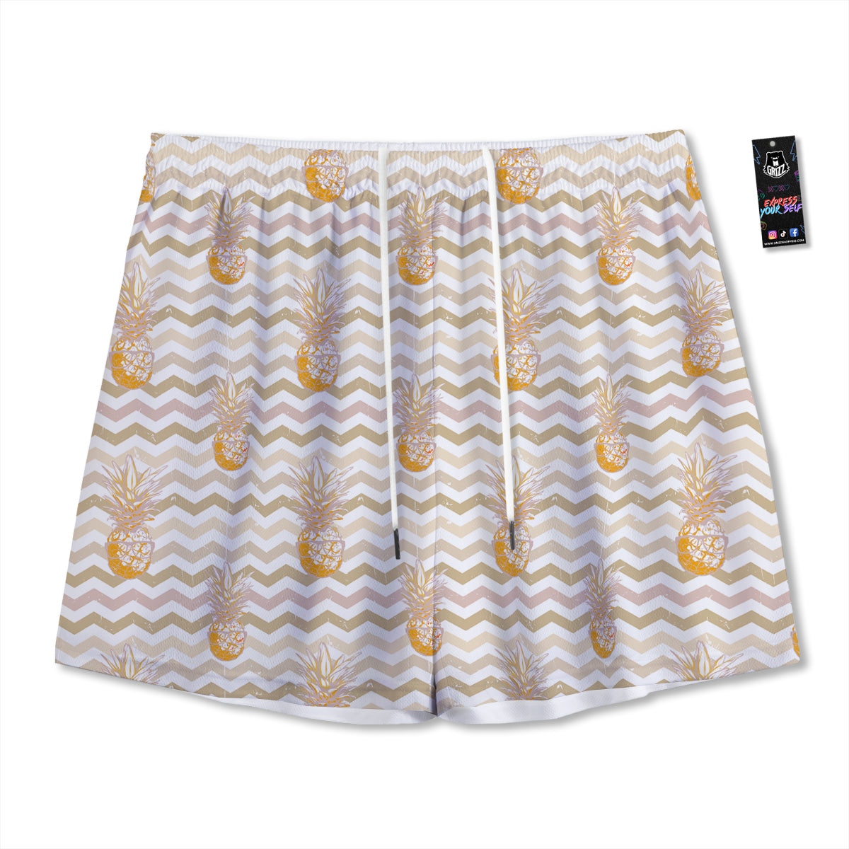 Pineapple Beige Zig Zag Print Pattern Mesh Shorts-grizzshop