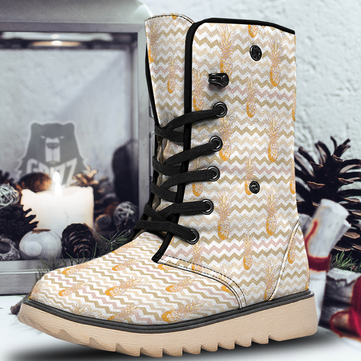 Pineapple Beige Zig Zag Print Pattern Snow Boots-grizzshop