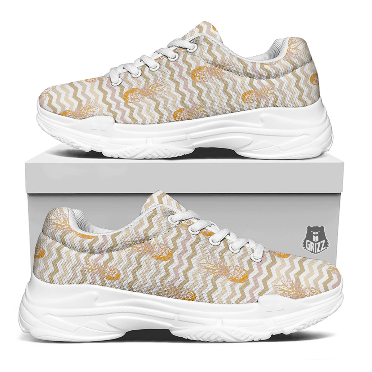 Pineapple Beige Zig Zag Print Pattern White Chunky Shoes-grizzshop