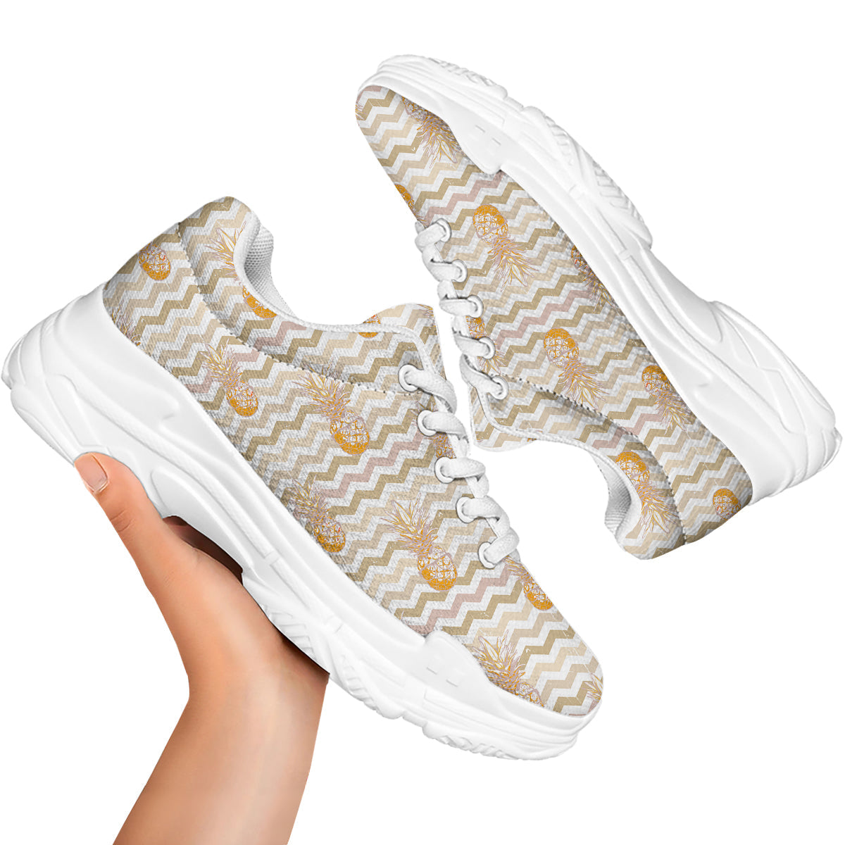 Pineapple Beige Zig Zag Print Pattern White Chunky Shoes-grizzshop