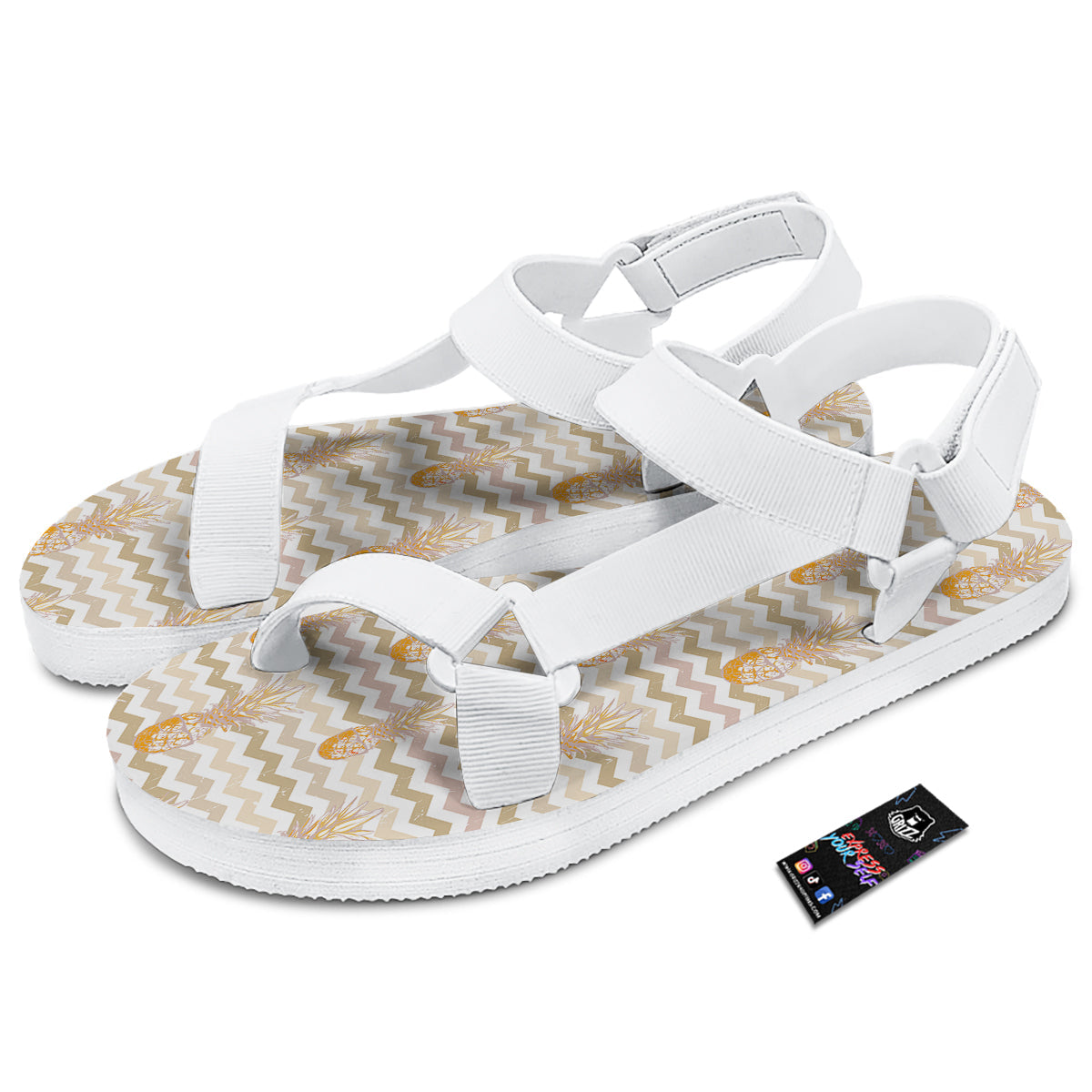 Pineapple Beige Zig Zag Print Pattern White Open Toe Sandals-grizzshop