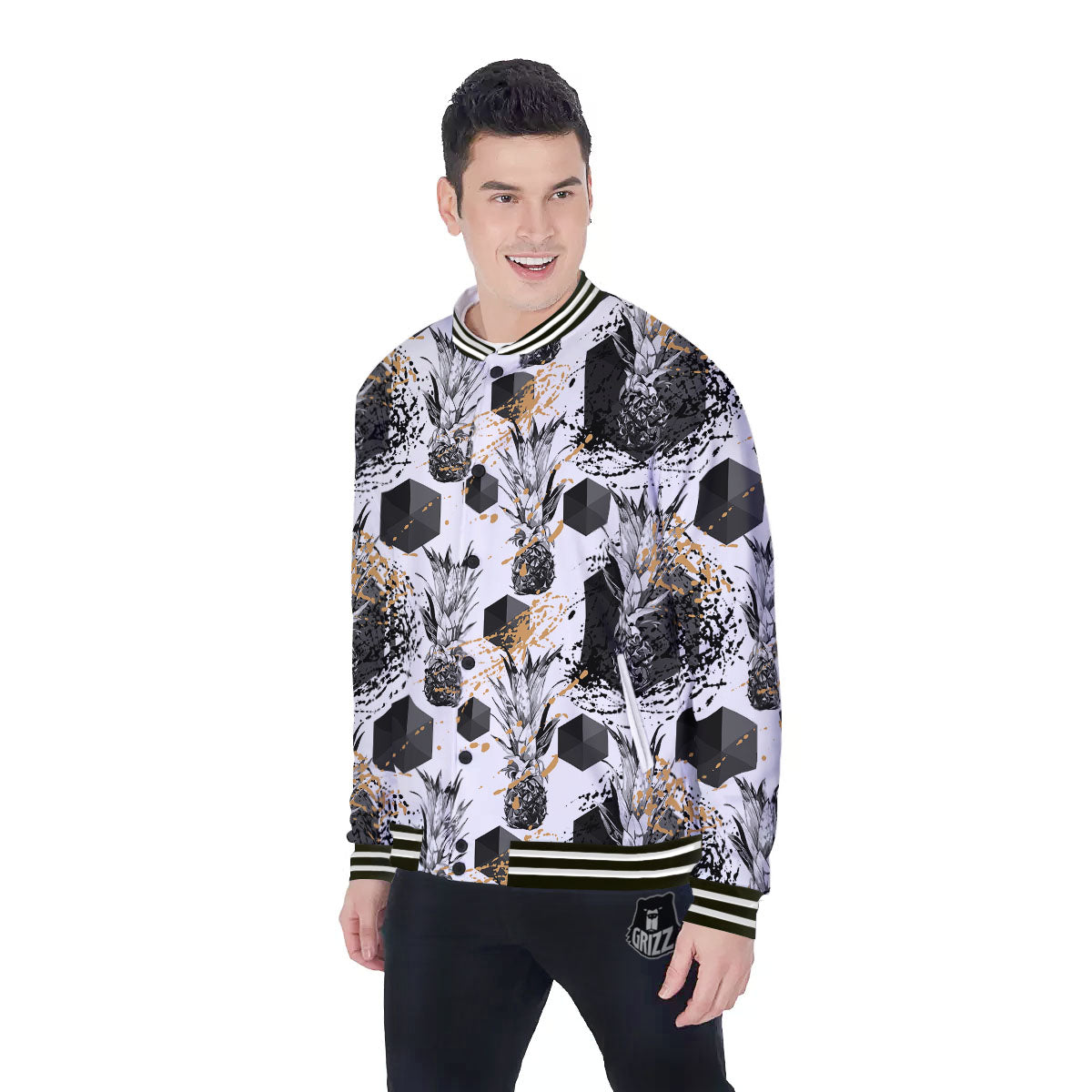 Pineapple Black Geometric Print Pattern Baseball Jacket-grizzshop