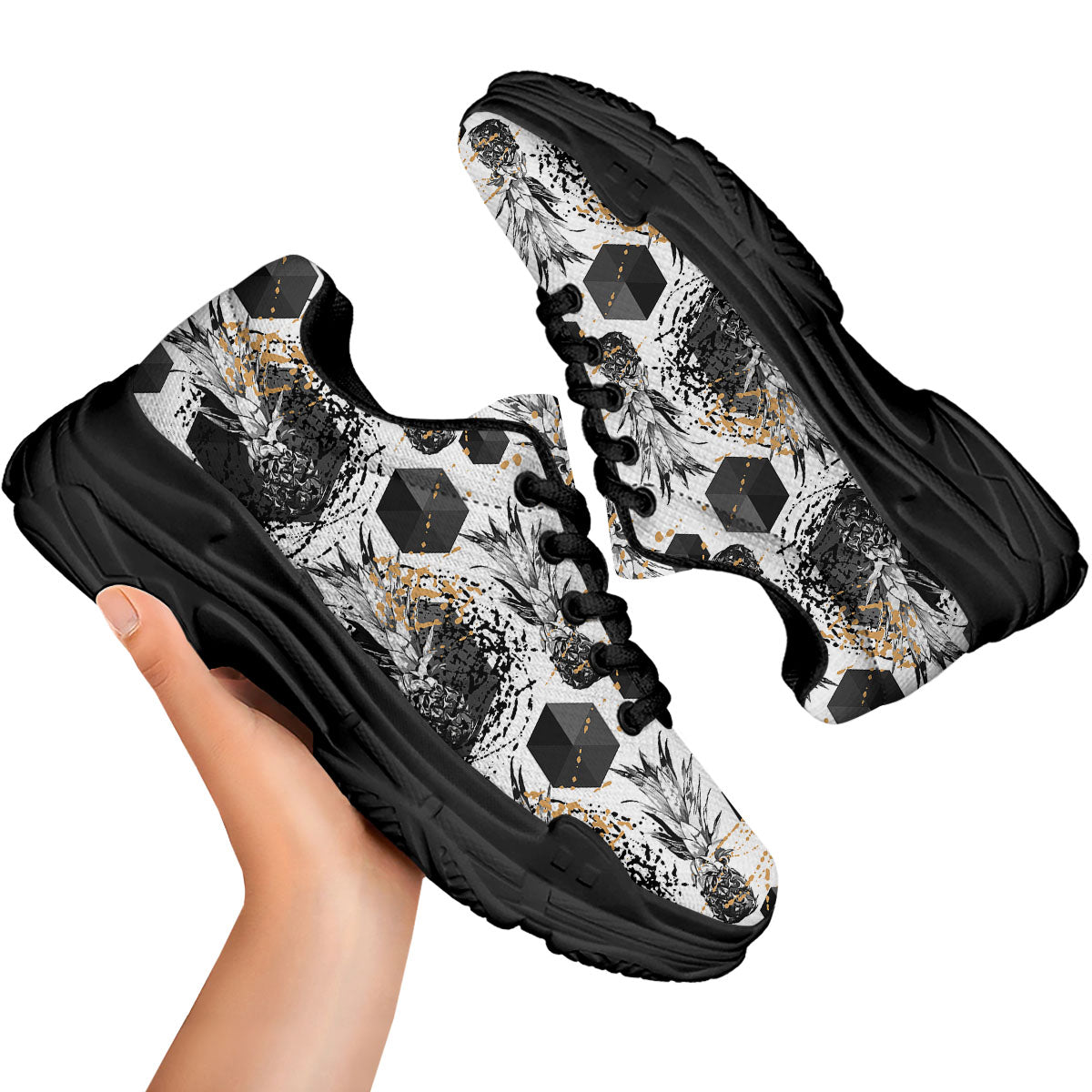Pineapple Black Geometric Print Pattern Black Chunky Shoes-grizzshop