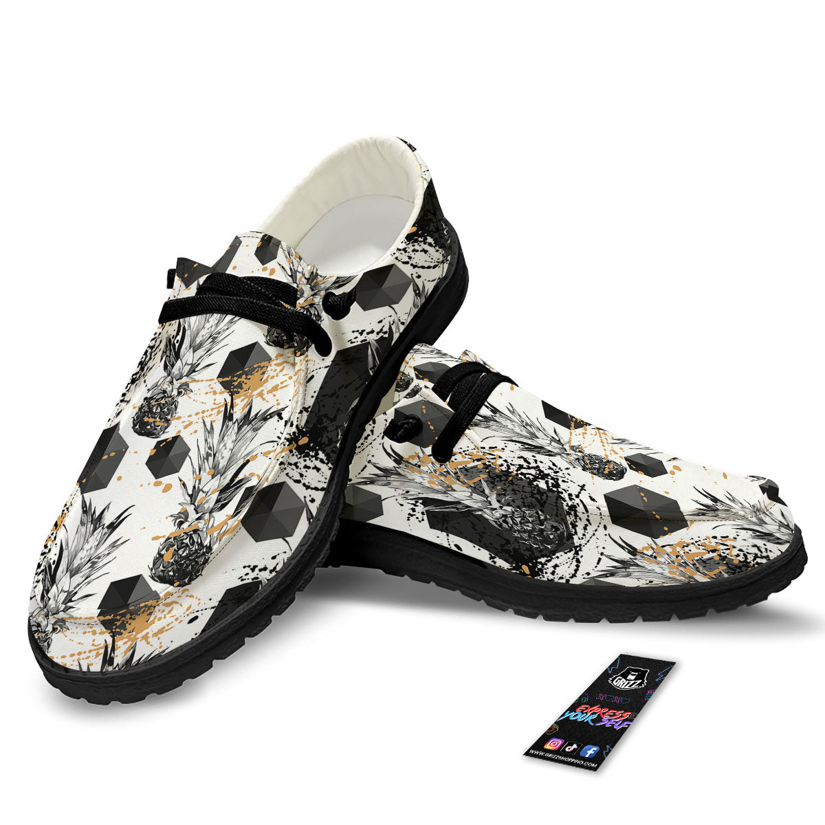 Pineapple Black Geometric Print Pattern Black Loafers-grizzshop