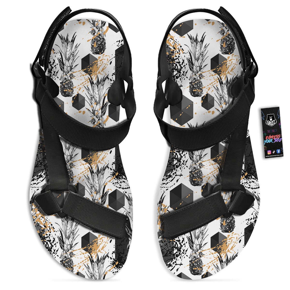 Pineapple Black Geometric Print Pattern Black Open Toe Sandals-grizzshop
