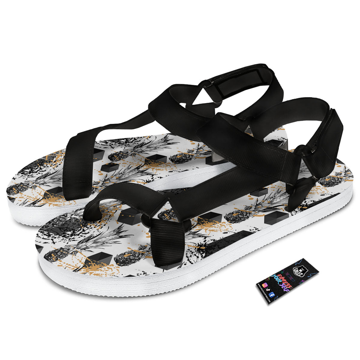 Pineapple Black Geometric Print Pattern Black Open Toe Sandals-grizzshop