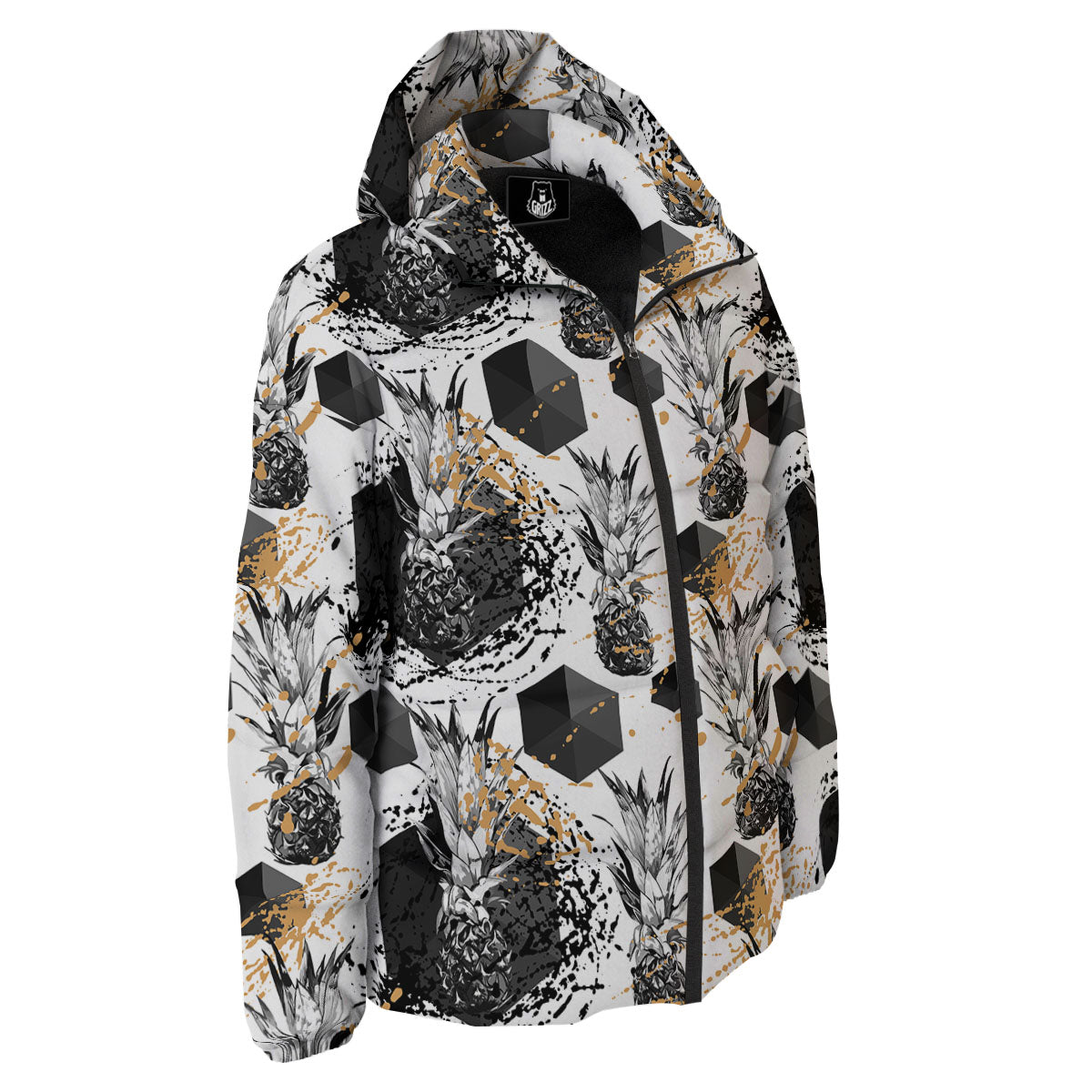 Pineapple Black Geometric Print Pattern Down Jacket-grizzshop