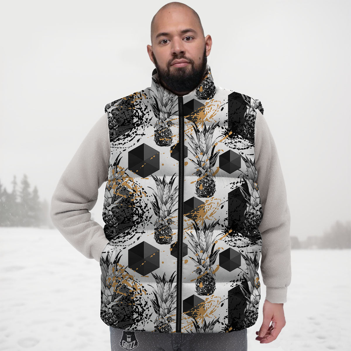 Pineapple Black Geometric Print Pattern Down Vest-grizzshop
