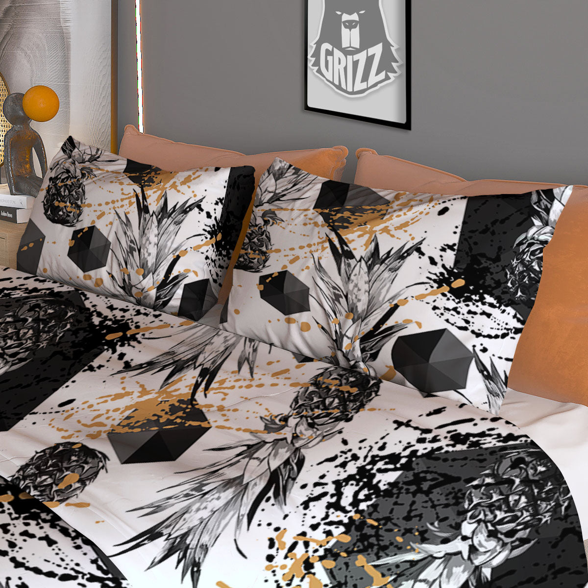 Pineapple Black Geometric Print Pattern Duvet Cover Bedding Set