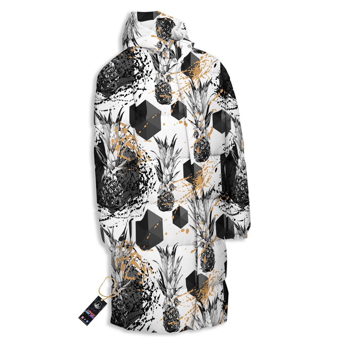 Pineapple Black Geometric Print Pattern Long Down Jacket-grizzshop