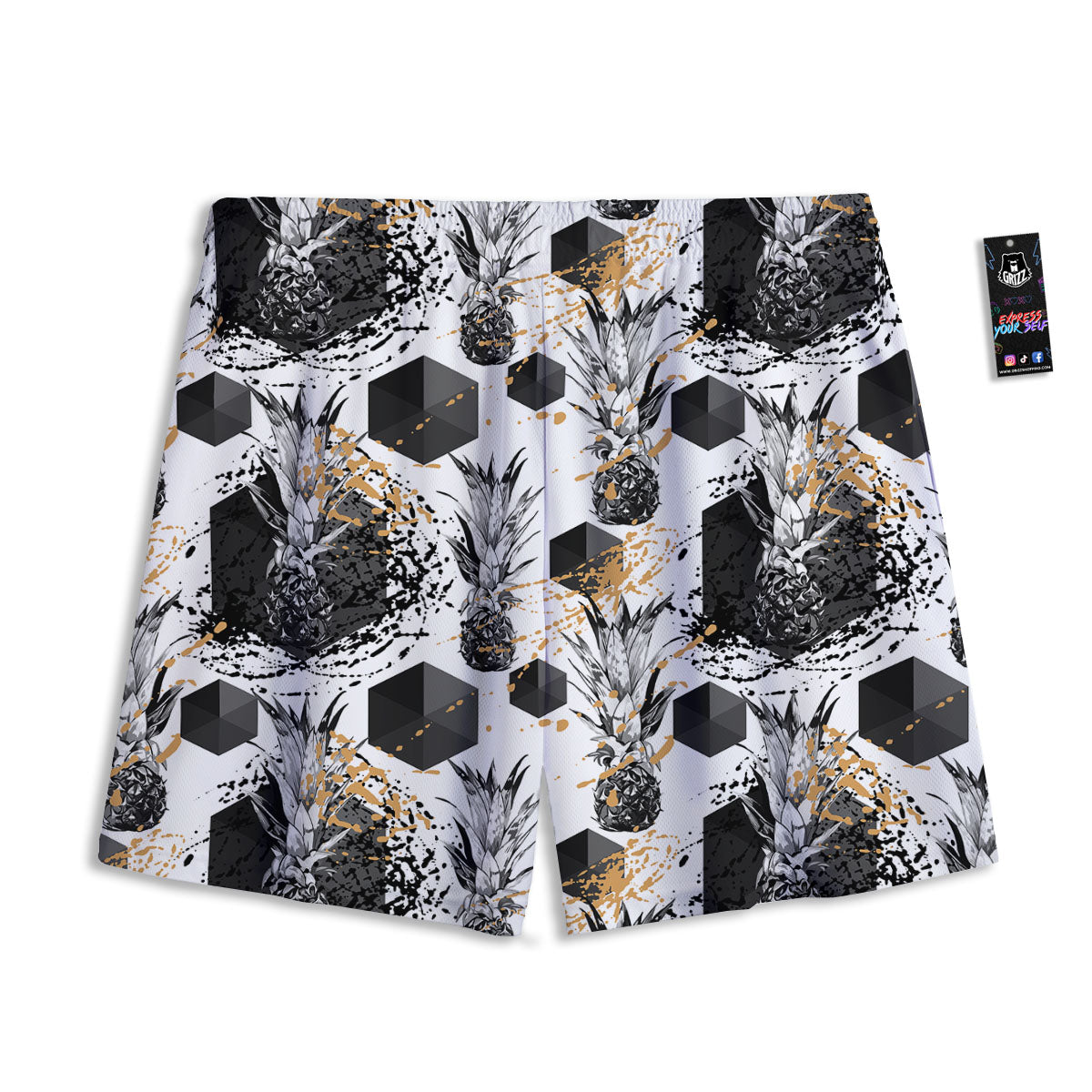 Pineapple Black Geometric Print Pattern Mesh Shorts-grizzshop