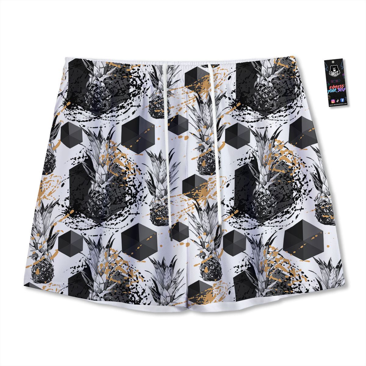 Pineapple Black Geometric Print Pattern Mesh Shorts-grizzshop