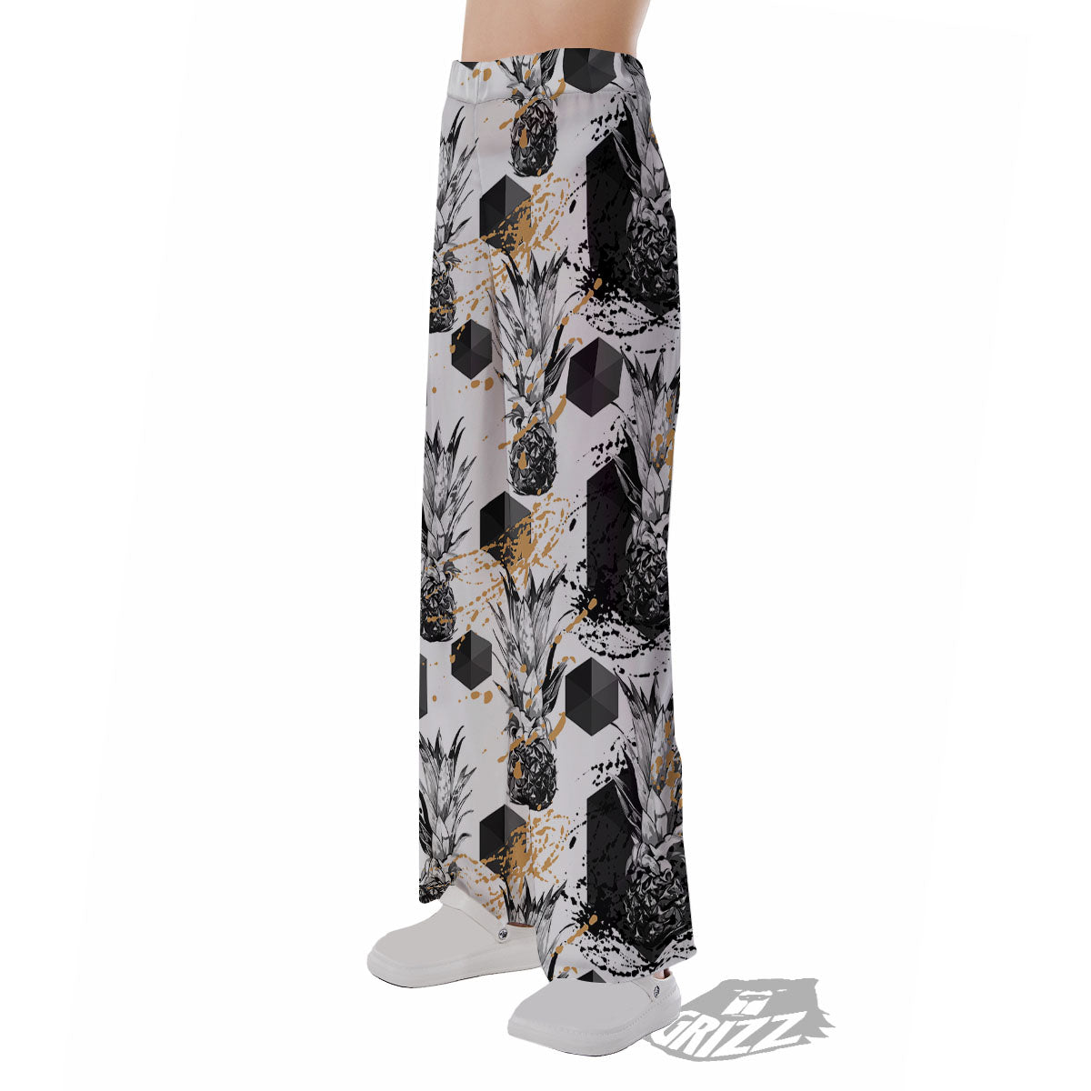 Pineapple Black Geometric Print Pattern Pajama Pants-grizzshop