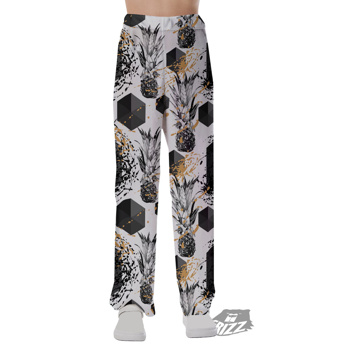 Pineapple Black Geometric Print Pattern Pajama Pants-grizzshop