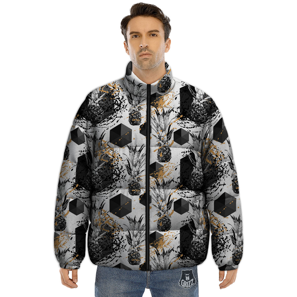 Pineapple Black Geometric Print Pattern Puffer Jacket-grizzshop