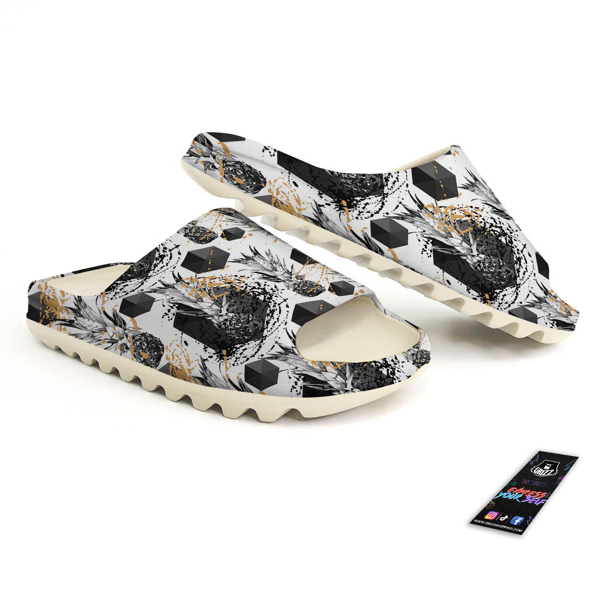 Pineapple Black Geometric Print Pattern Sandals-grizzshop