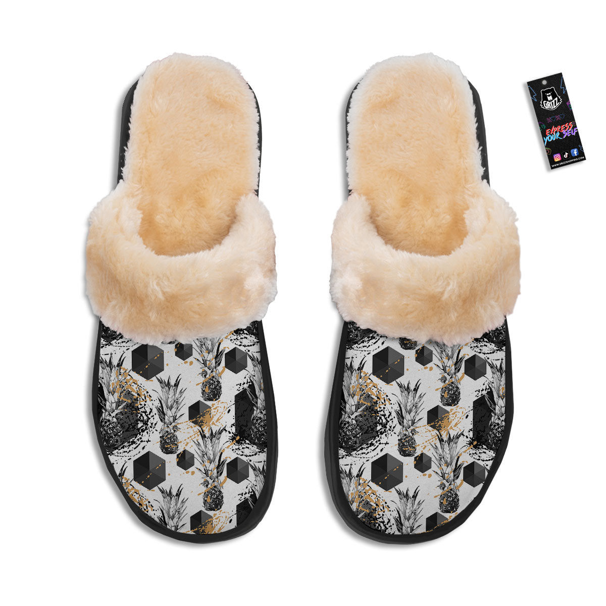 Pineapple Black Geometric Print Pattern Slippers-grizzshop