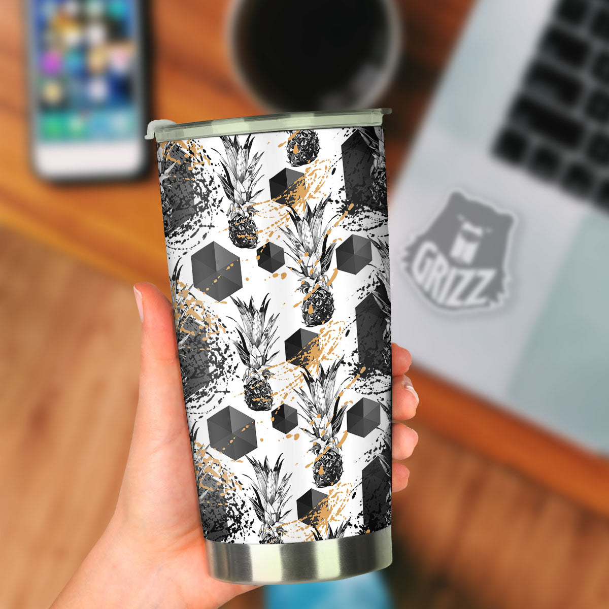 Pineapple Black Geometric Print Pattern Tumbler-grizzshop