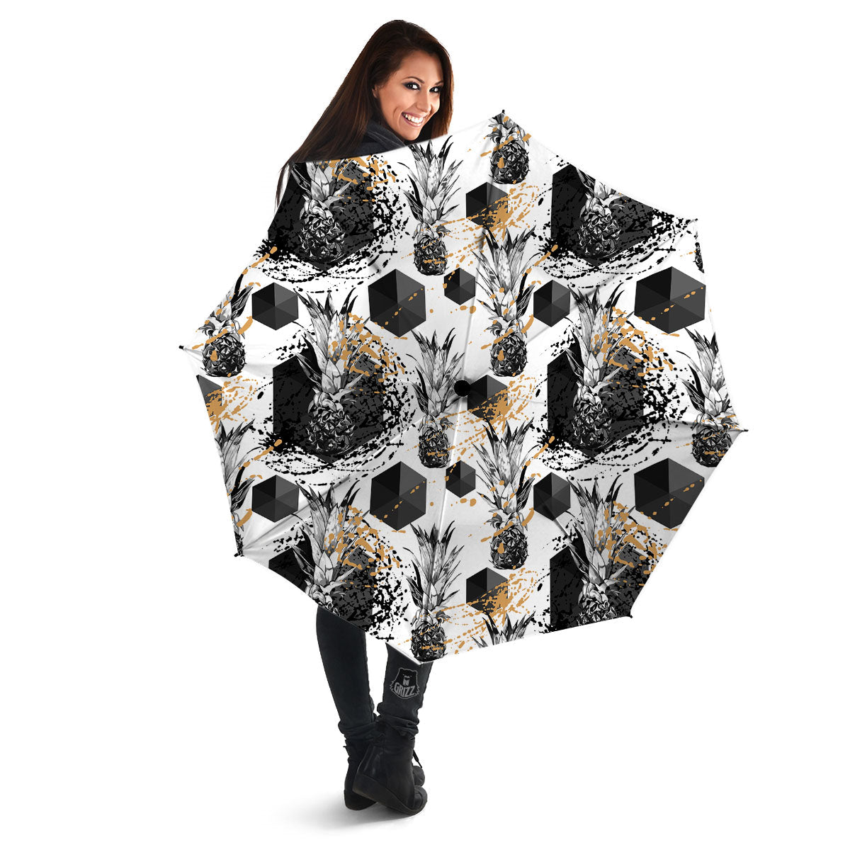 Pineapple Black Geometric Print Pattern Umbrella-grizzshop