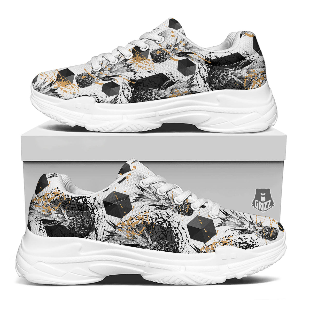 Pineapple Black Geometric Print Pattern White Chunky Shoes-grizzshop