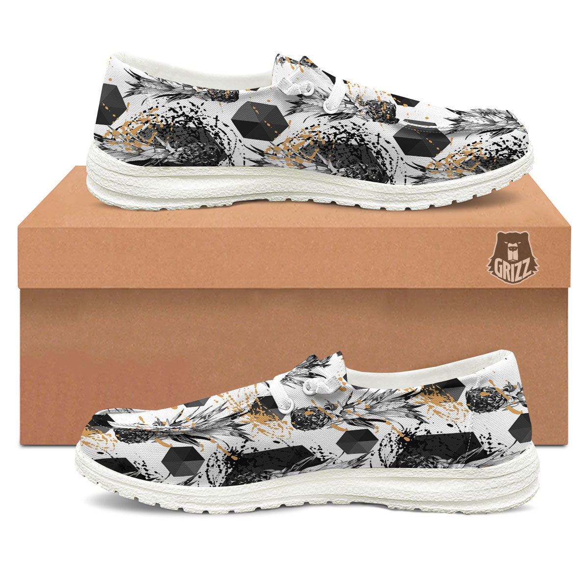 Pineapple Black Geometric Print Pattern White Loafers-grizzshop