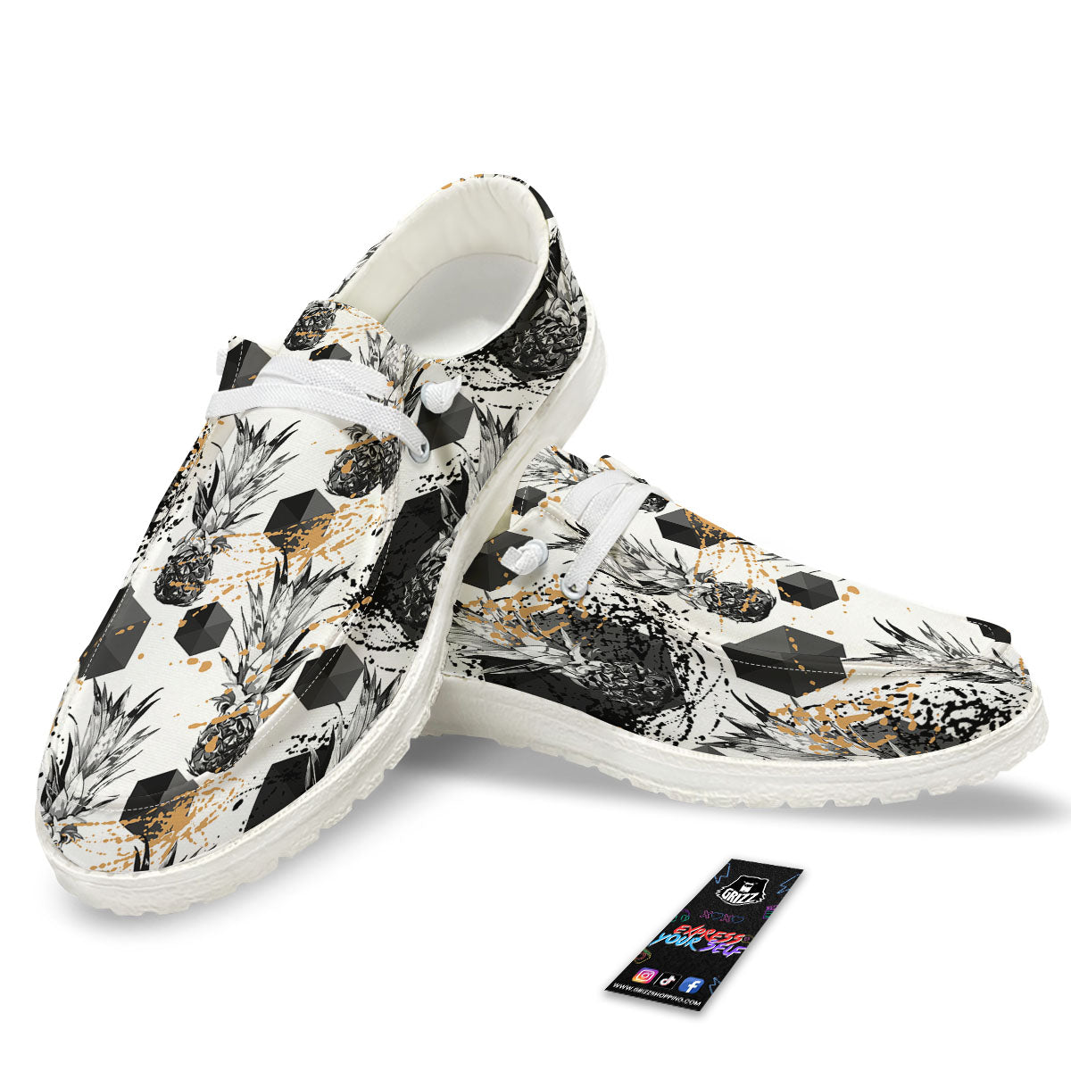Pineapple Black Geometric Print Pattern White Loafers-grizzshop