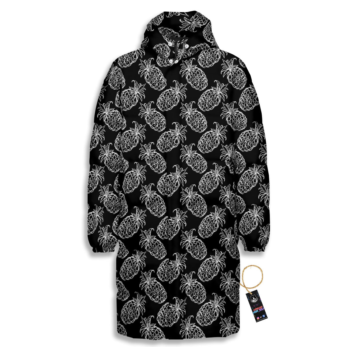 Pineapple Black Hawaiian Print Pattern Long Down Jacket-grizzshop