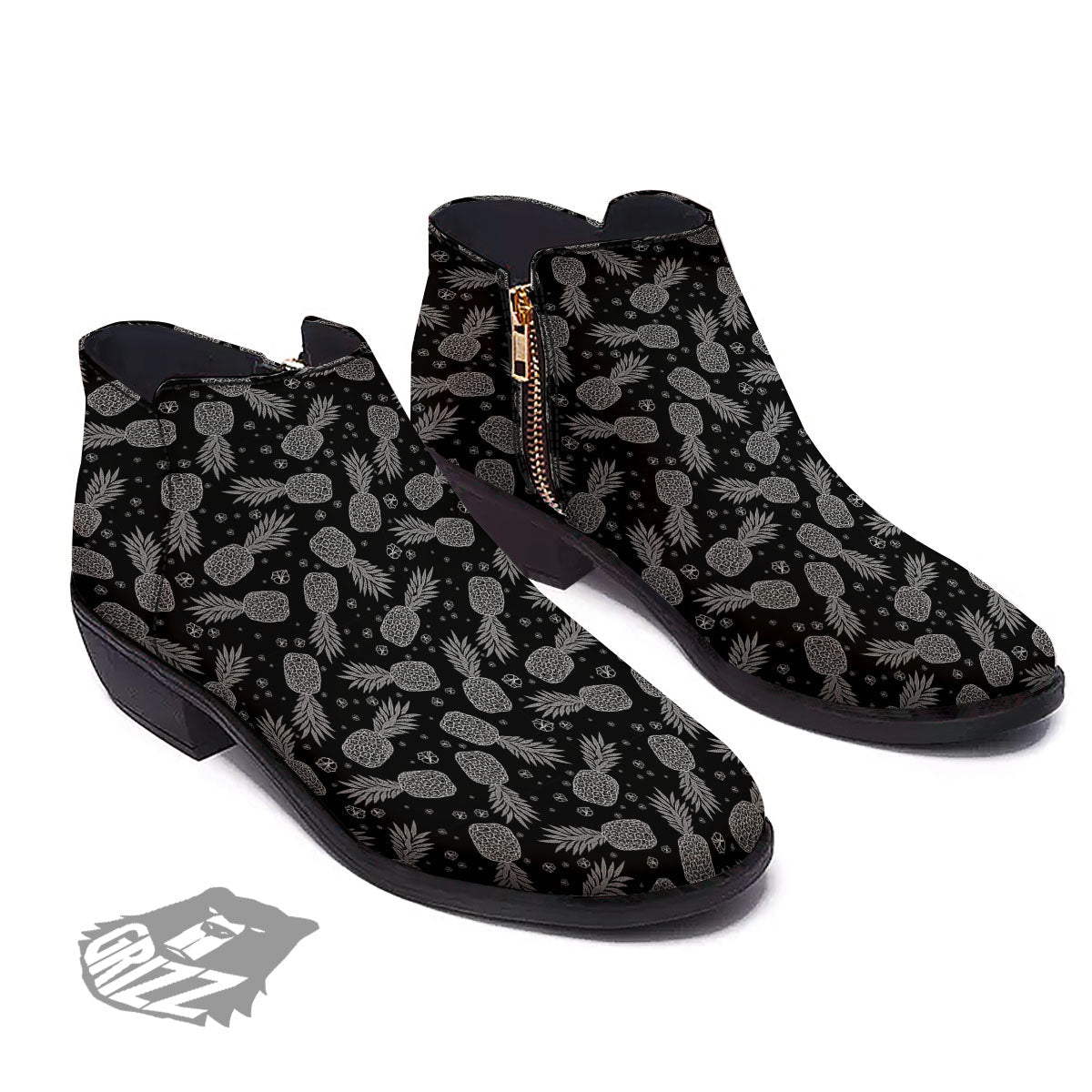 Pineapple Black Print Pattern Ankle Boots-grizzshop