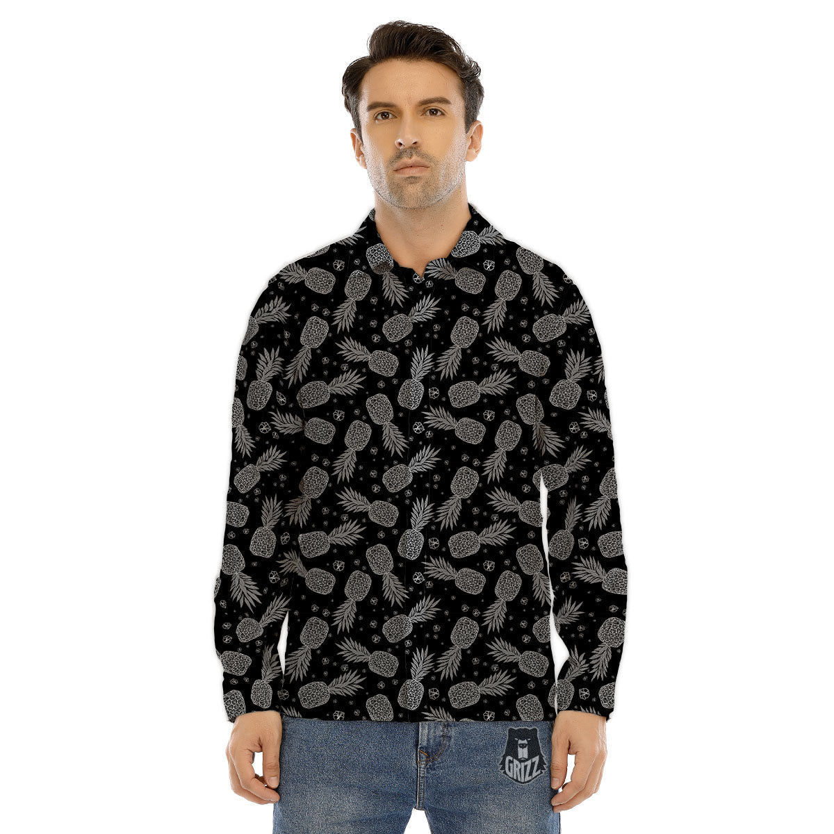 Pineapple Black Print Pattern Men's Dress Shirts-grizzshop