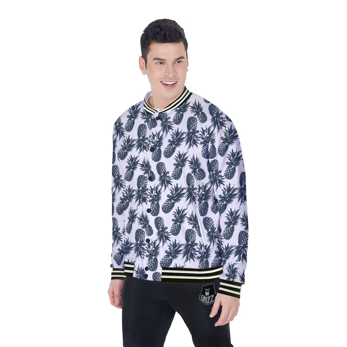 Pineapple Black Tropical Print Pattern Baseball Jacket-grizzshop