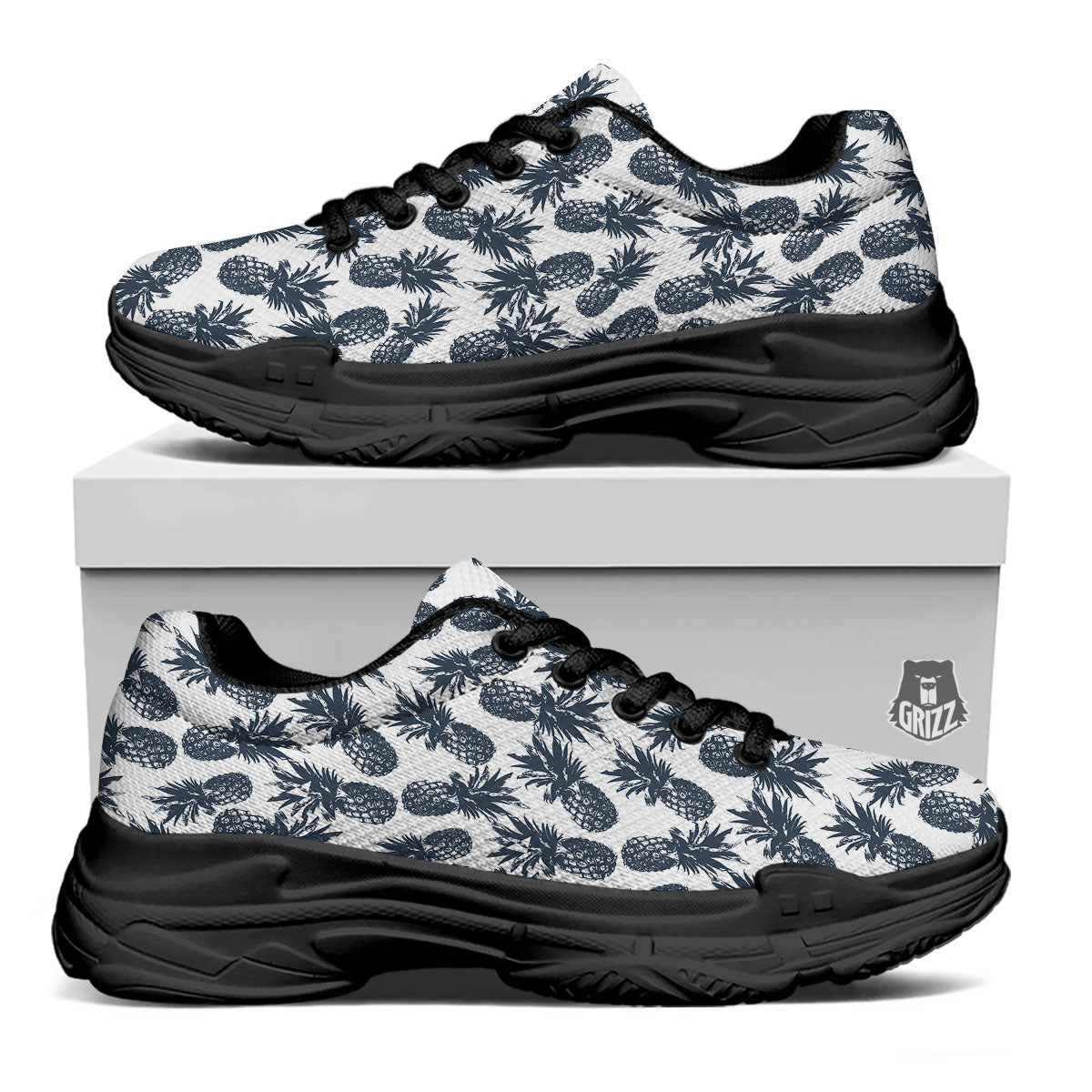 Pineapple Black Tropical Print Pattern Black Chunky Shoes-grizzshop