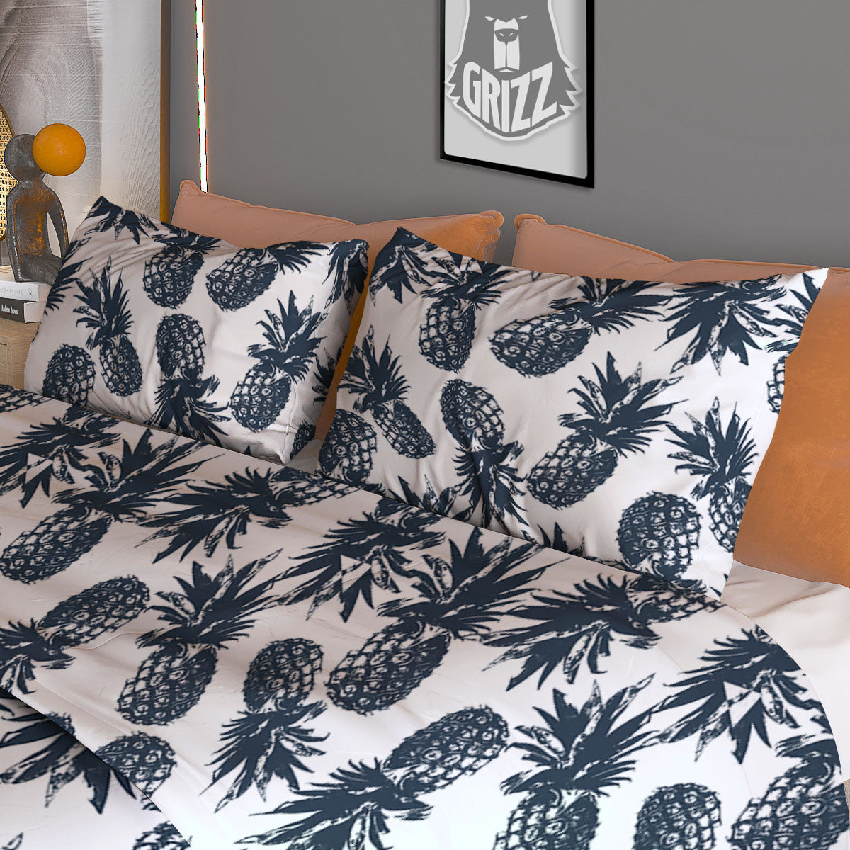 Pineapple Black Tropical Print Pattern Duvet Cover Bedding Set-grizzshop