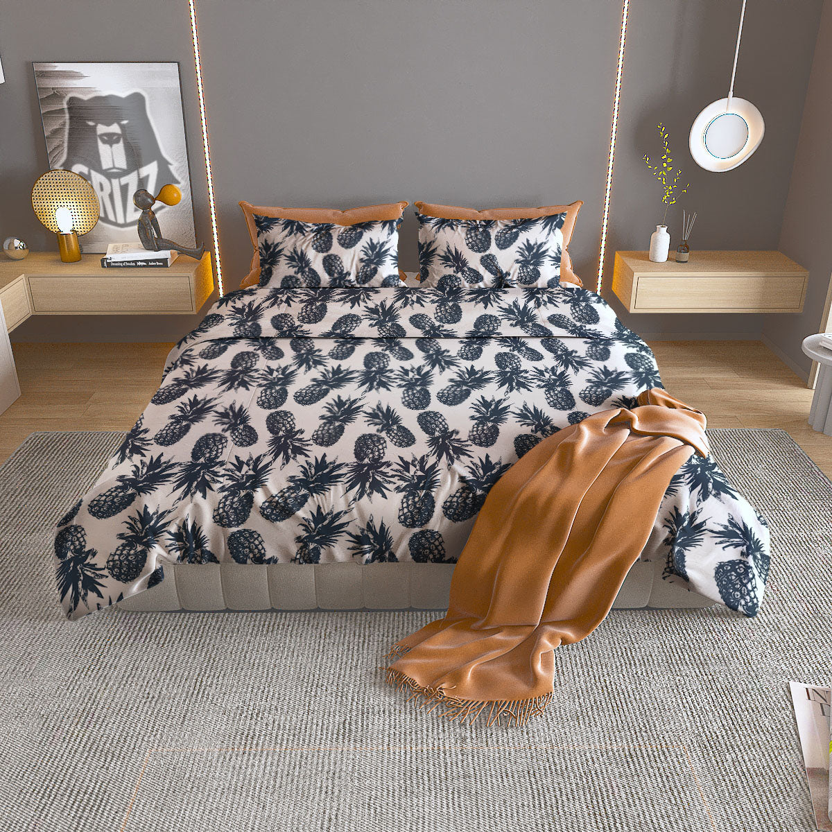 Pineapple Black Tropical Print Pattern Duvet Cover Bedding Set-grizzshop
