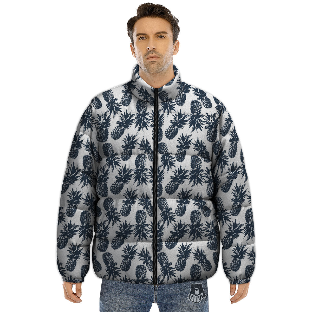 Pineapple Black Tropical Print Pattern Puffer Jacket-grizzshop