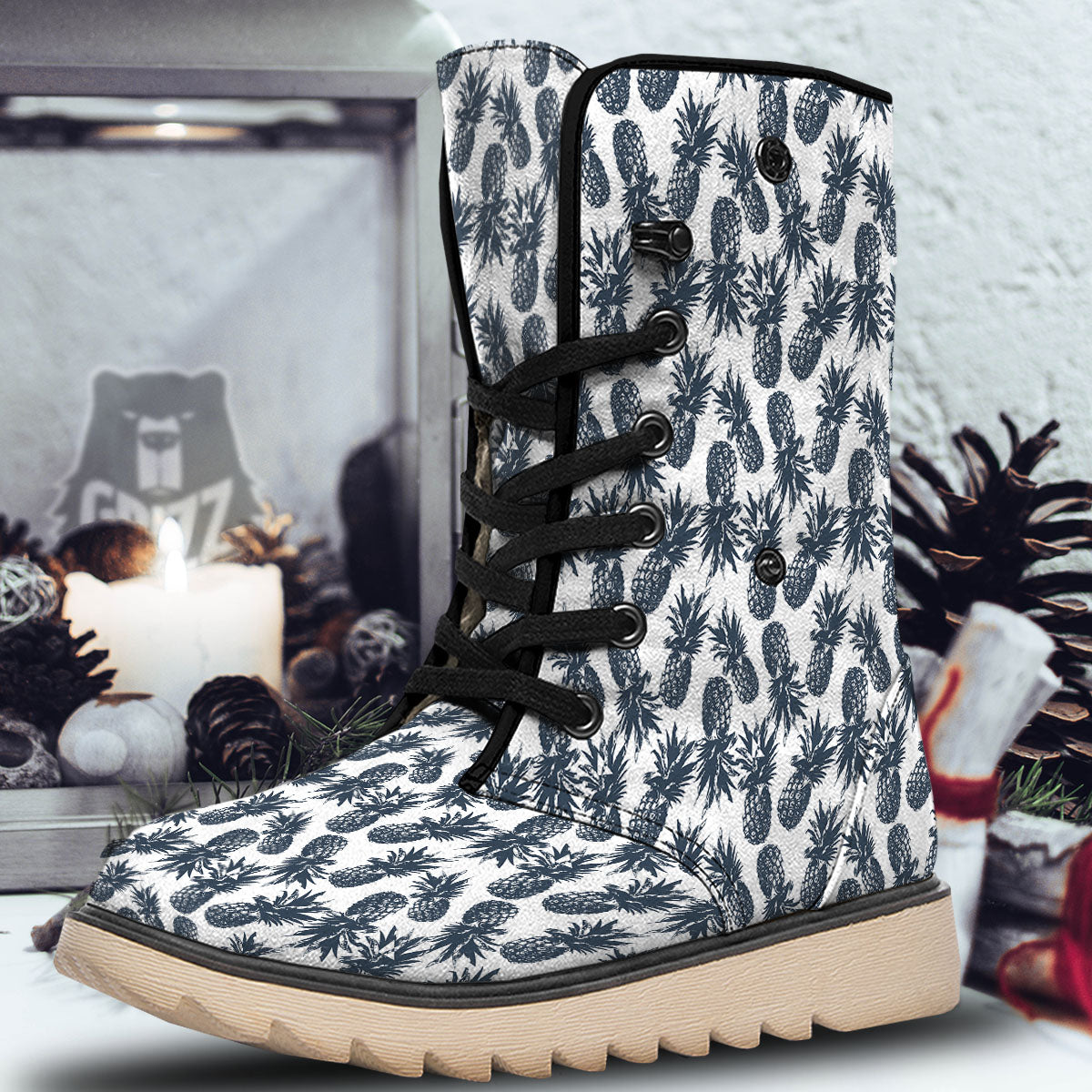 Pineapple Black Tropical Print Pattern Snow Boots-grizzshop
