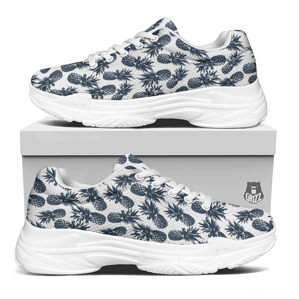Pineapple Black Tropical Print Pattern White Chunky Shoes-grizzshop