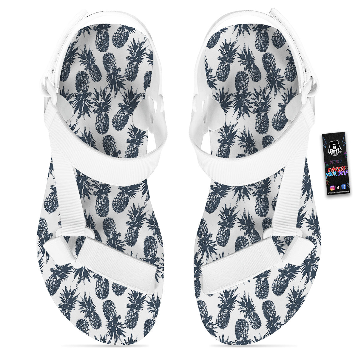 Pineapple Black Tropical Print Pattern White Open Toe Sandals-grizzshop