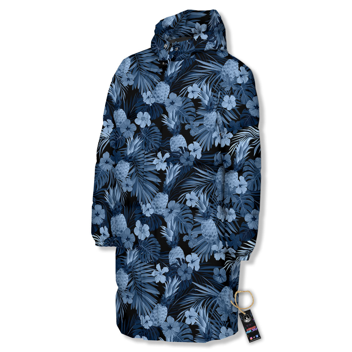 Pineapple Blue Aloha Print Pattern Long Down Jacket-grizzshop