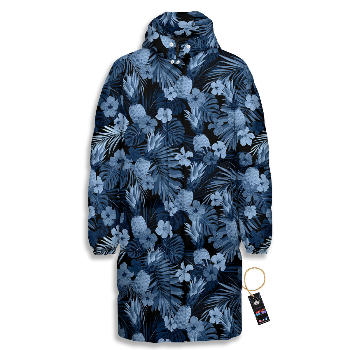 Pineapple Blue Aloha Print Pattern Long Down Jacket-grizzshop
