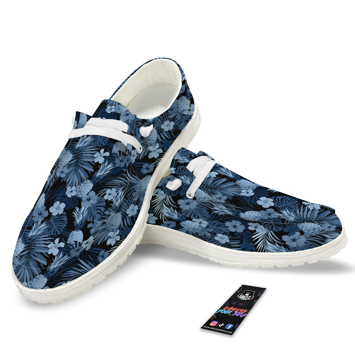 Pineapple Blue Aloha Print Pattern White Loafers-grizzshop
