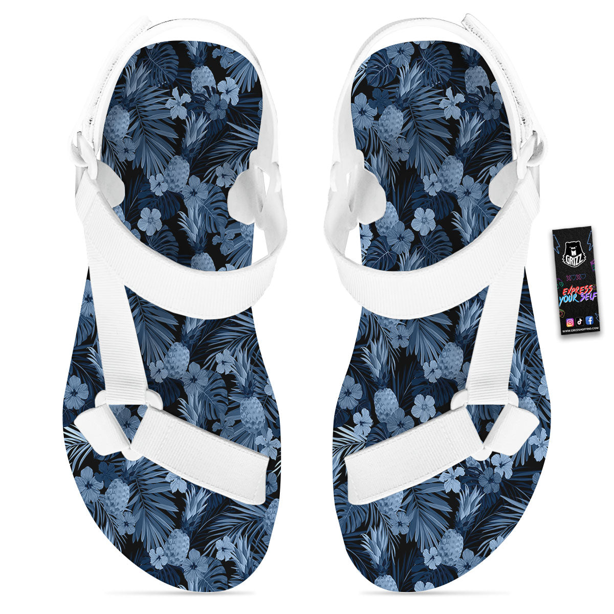Pineapple Blue Aloha Print Pattern White Open Toe Sandals-grizzshop