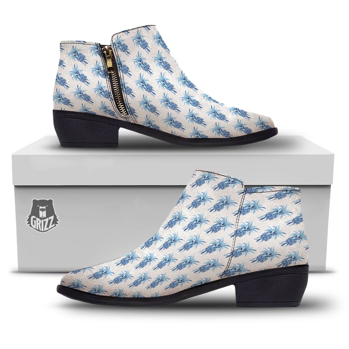 Pineapple Blue Leaf Print Pattern Ankle Boots-grizzshop