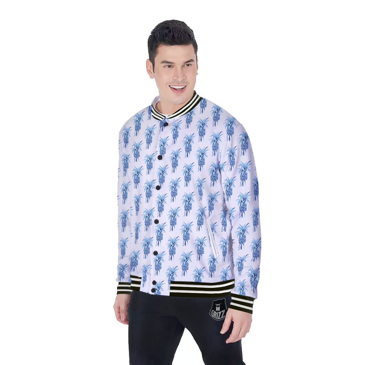 Pineapple Blue Leaf Print Pattern Baseball Jacket-grizzshop