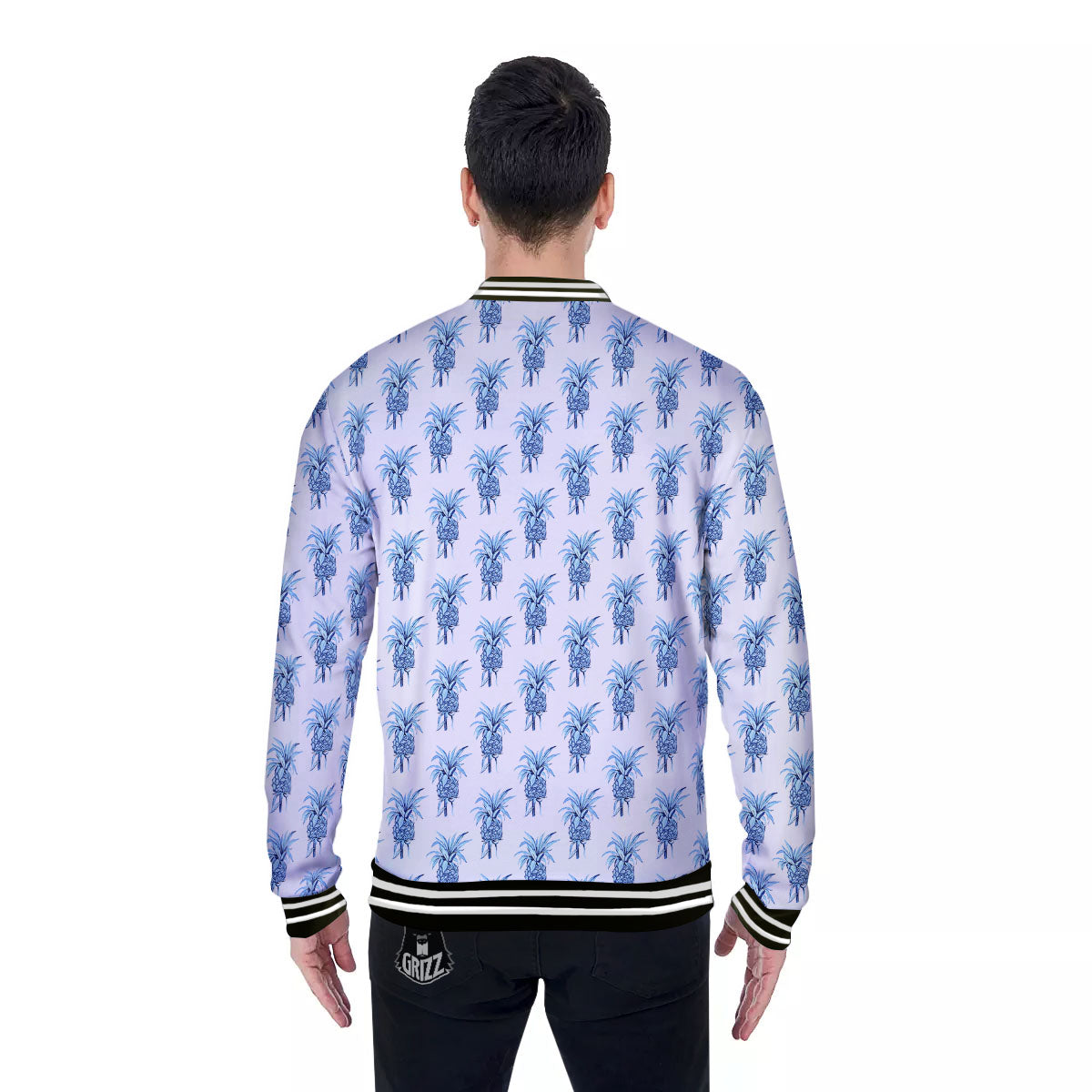 Pineapple Blue Leaf Print Pattern Baseball Jacket-grizzshop