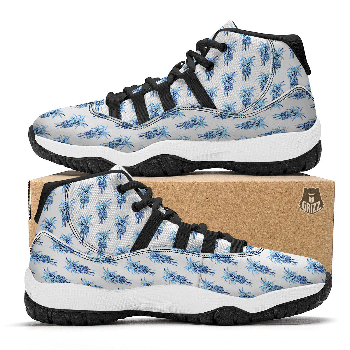Pineapple Blue Leaf Print Pattern Black Bball Shoes-grizzshop